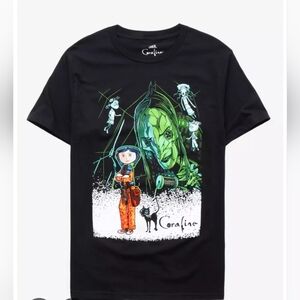 Hot Topic Black Coraline Graphic Tee with Green & Orange Print